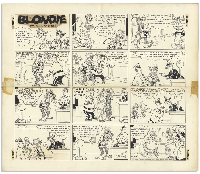 Chic Young Hand-Drawn ''Blondie'' Sunday Comic Strip From 1970 -- Featuring Dagwood as a Hippie, Blondie as Little Bo-Peep & Mr. Dithers as a Fairy Godmother